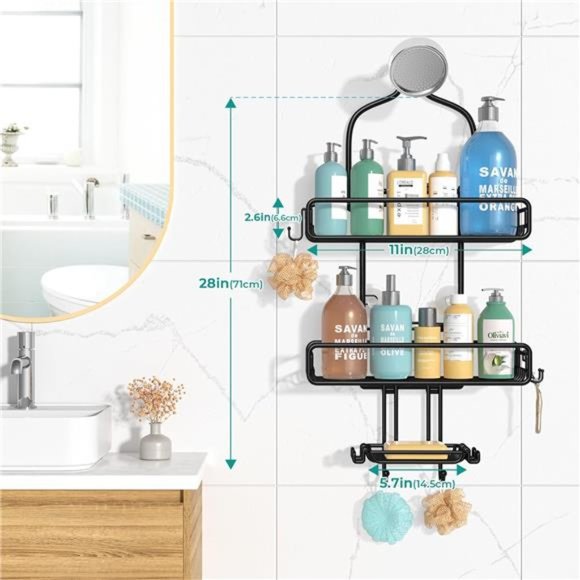 Adjustable Large Shower Organizer - Rust Proof Bathroom Shelf w/ 3-Tier Baskets - Picture 7 of 7